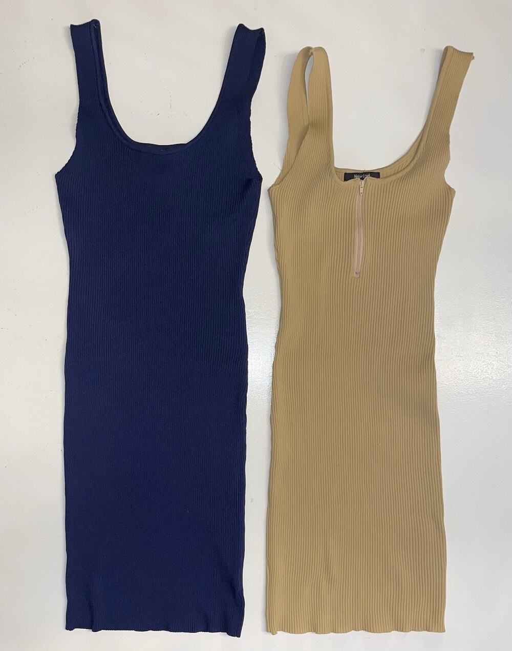 Lot Of 2 New Look Women's Large Tan Navy Ribbed Bodycon Mini Dresses Zipper